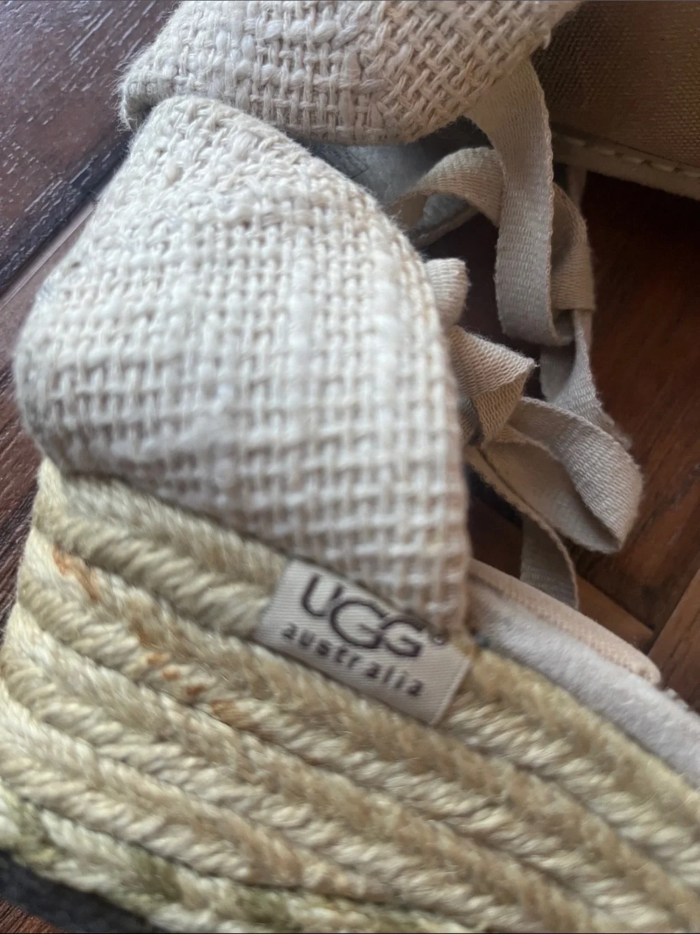 UGG Beige Espadrille Wedge Sandals with Ankle Ties